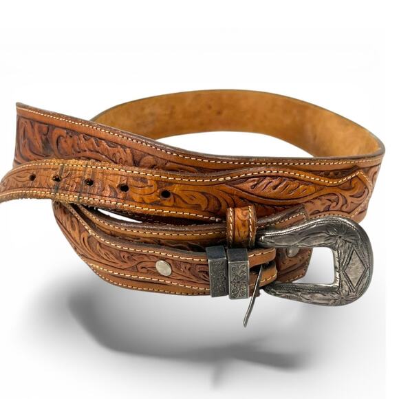 VINTAGE 90\'s Nocona 34 (M) Tooled Western Leather Silver-Tone Buckle Belt main image 5